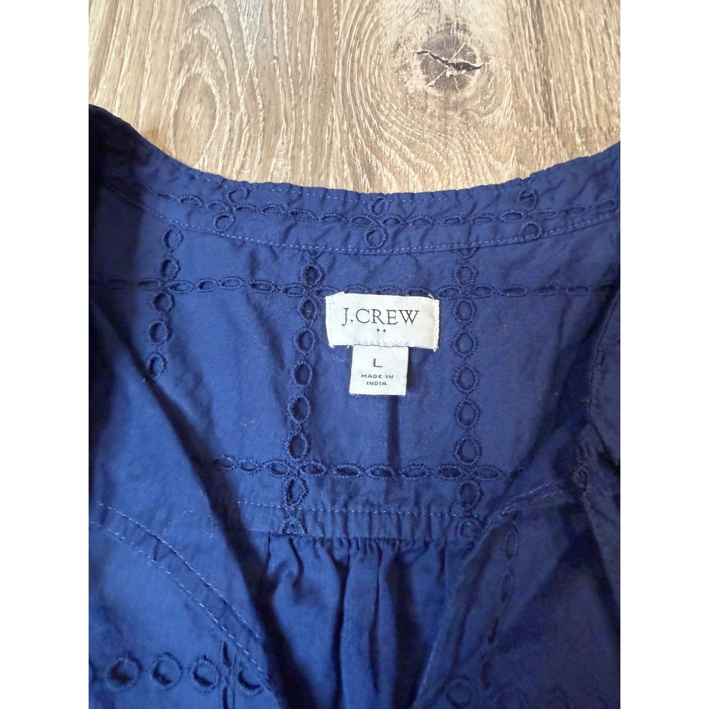 J.Crew Navy Blue Eyelet Cotton Long Sleeve V-Neck Tie Blouse Top Large - Picture 3 of 7